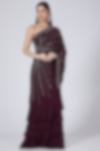Maroon Embroidered Draped Saree Gown by Amit GT