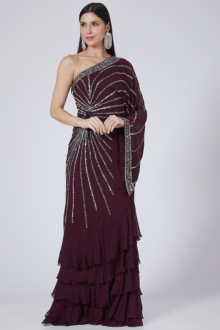 Maroon Embroidered Draped Saree Gown by Amit GT