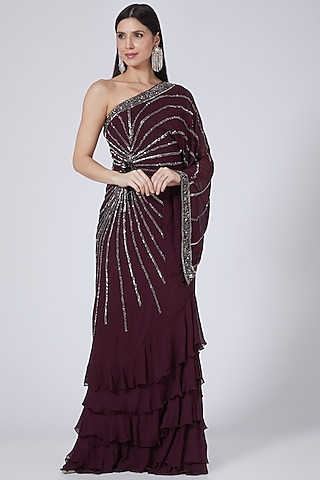 Maroon Embroidered Draped Saree Gown by Amit GT