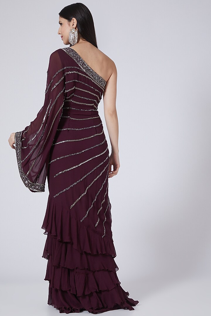 Maroon Embroidered Draped Wedding Saree Gown by Amit GT at Pernia's Pop Up Shop