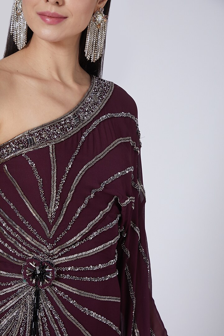 Maroon Embroidered Draped Wedding Saree Gown by Amit GT at Pernia's Pop Up Shop