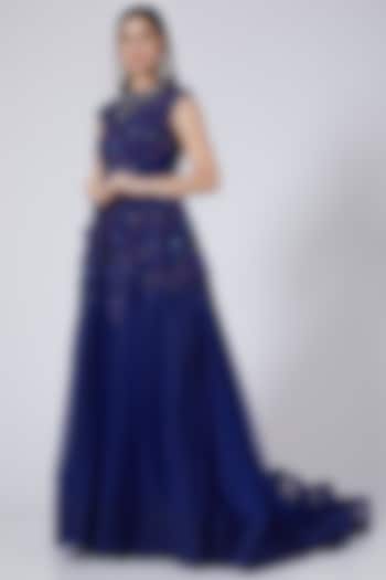 Navy Blue Floral Embroidered Gown by Amit GT