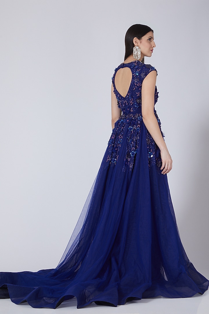 Navy Blue Floral Embroidered Wedding Gown by Amit GT at Pernia's Pop Up Shop