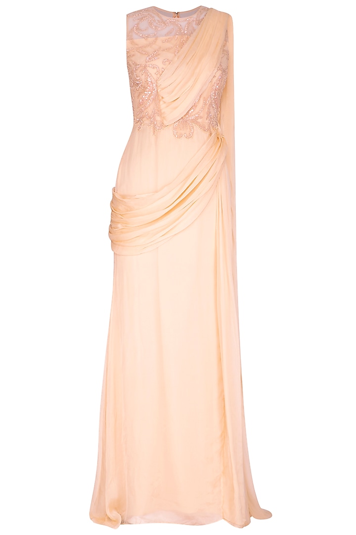 Peach Embroidered Saree Gown by AMIT GT