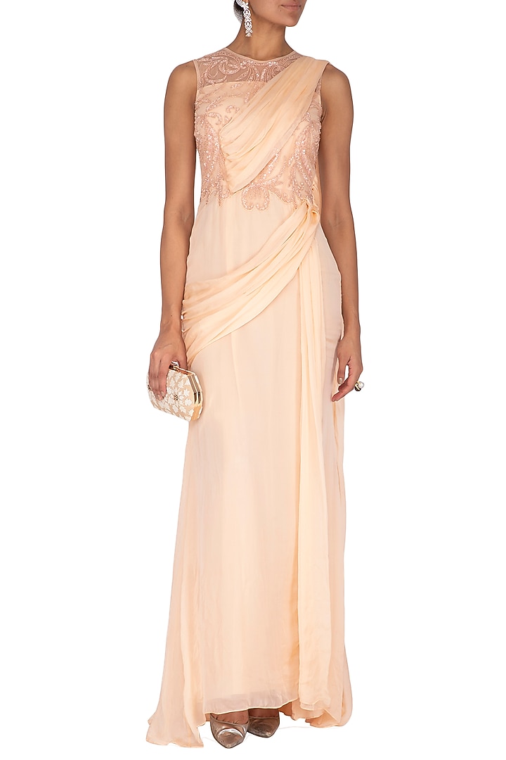 Peach Embroidered Wedding Saree Gown by AMIT GT at Pernia's Pop Up Shop