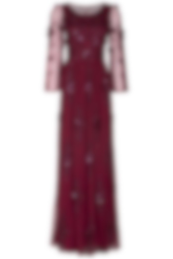 Maroon Floral Embroidered Gown by AMIT GT