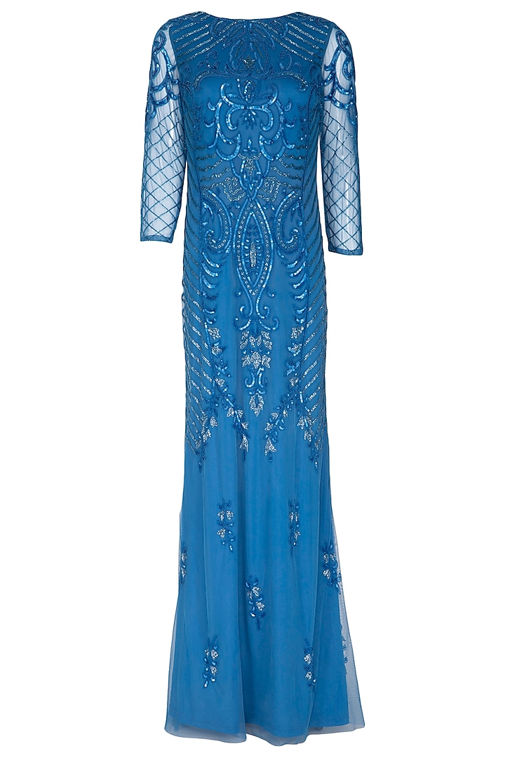 Metallic Blue Embroidered Gown by AMIT GT