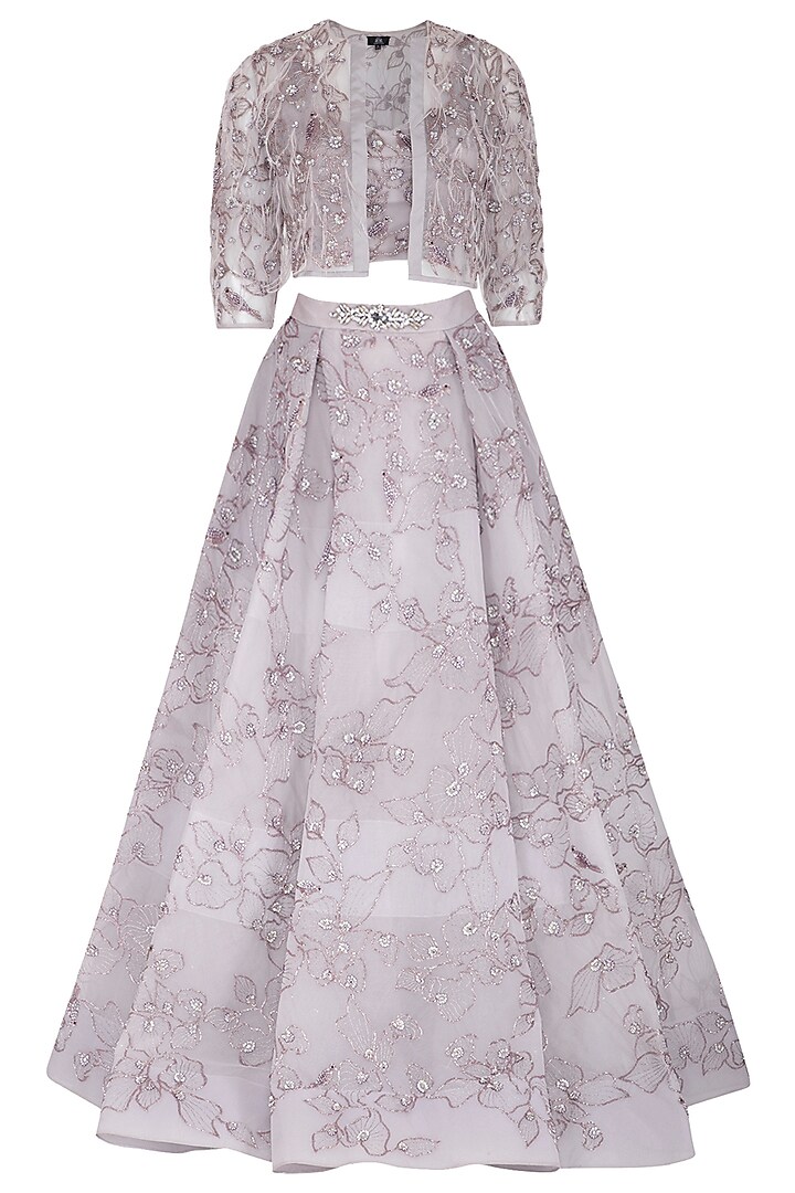 Lavender Grey Embroidered Lehenga Gown by AMIT GT