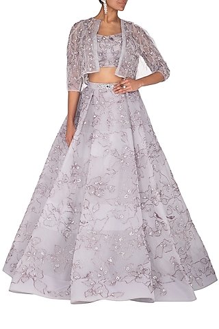 Lavender Grey Embroidered Lehenga Gown by AMIT GT