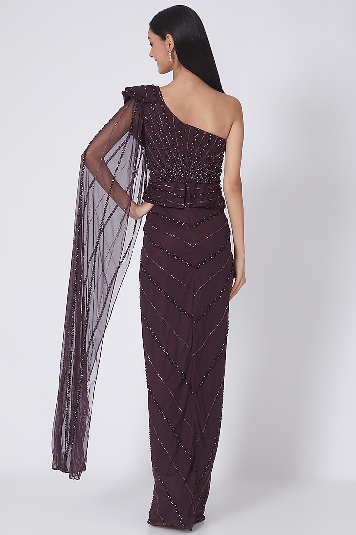Maroon Tulle Embroidered Draped Reception Saree Gown by Amit GT at Pernia's Pop Up Shop