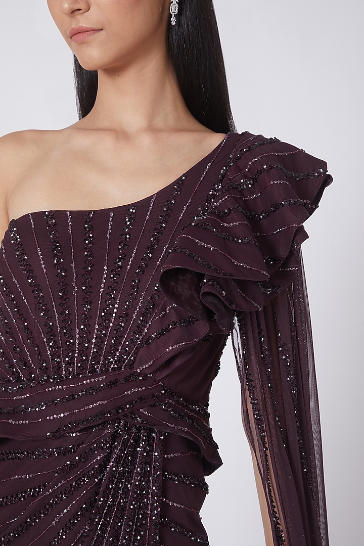 Maroon Tulle Embroidered Draped Reception Saree Gown by Amit GT at Pernia's Pop Up Shop