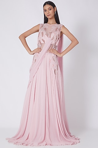Blush Pink Motifs Embroidered Saree Gown by Amit GT