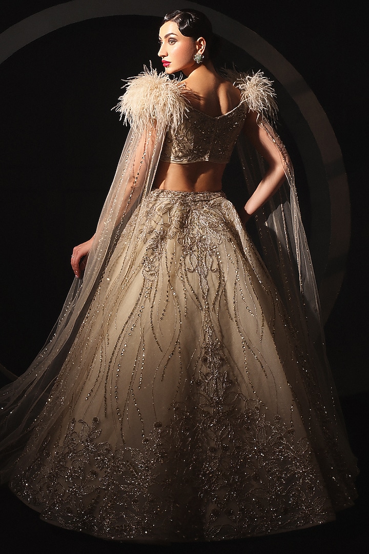 Gold Tulle Embroidered Bridal Lehenga Set by AMIT GT at Pernia's Pop Up Shop