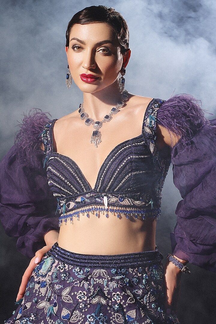 Violet Tulle Embroidered Bridal Lehenga Set by AMIT GT at Pernia's Pop Up Shop