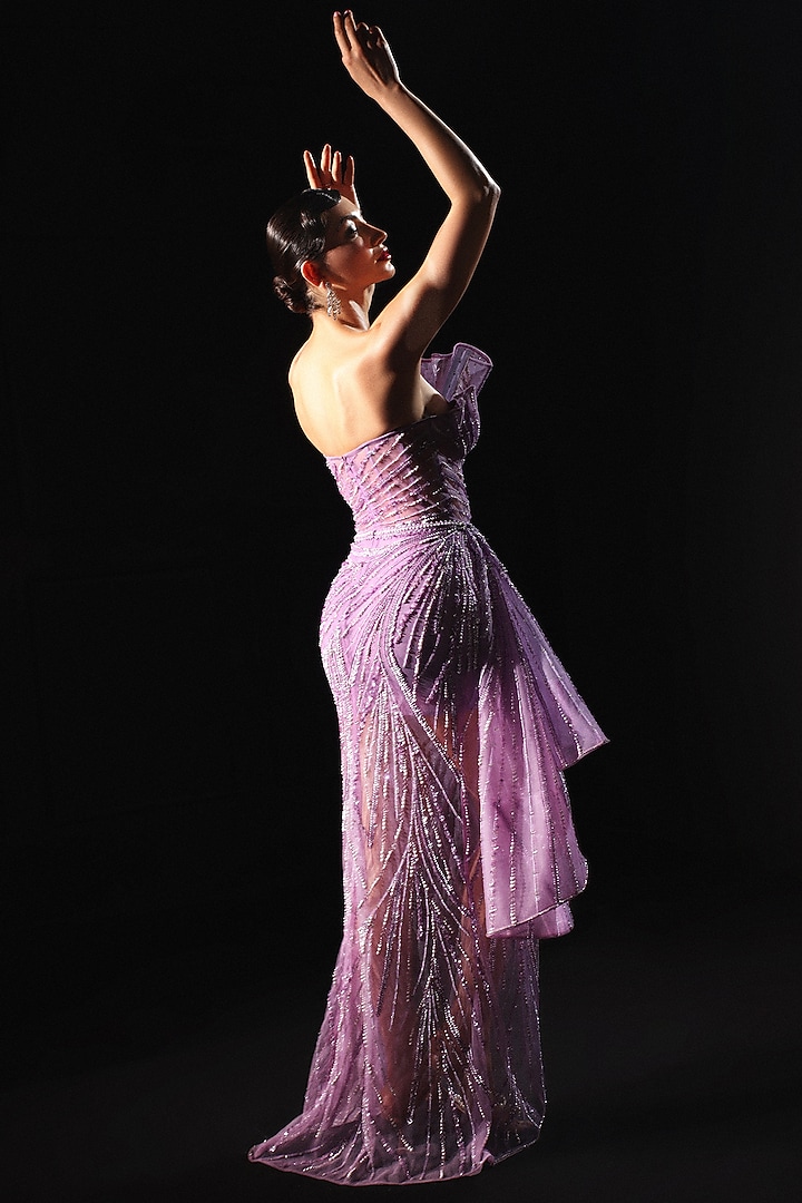 Lilac Tulle Embroidered Party Wear Dress by AMIT GT at Pernia's Pop Up Shop