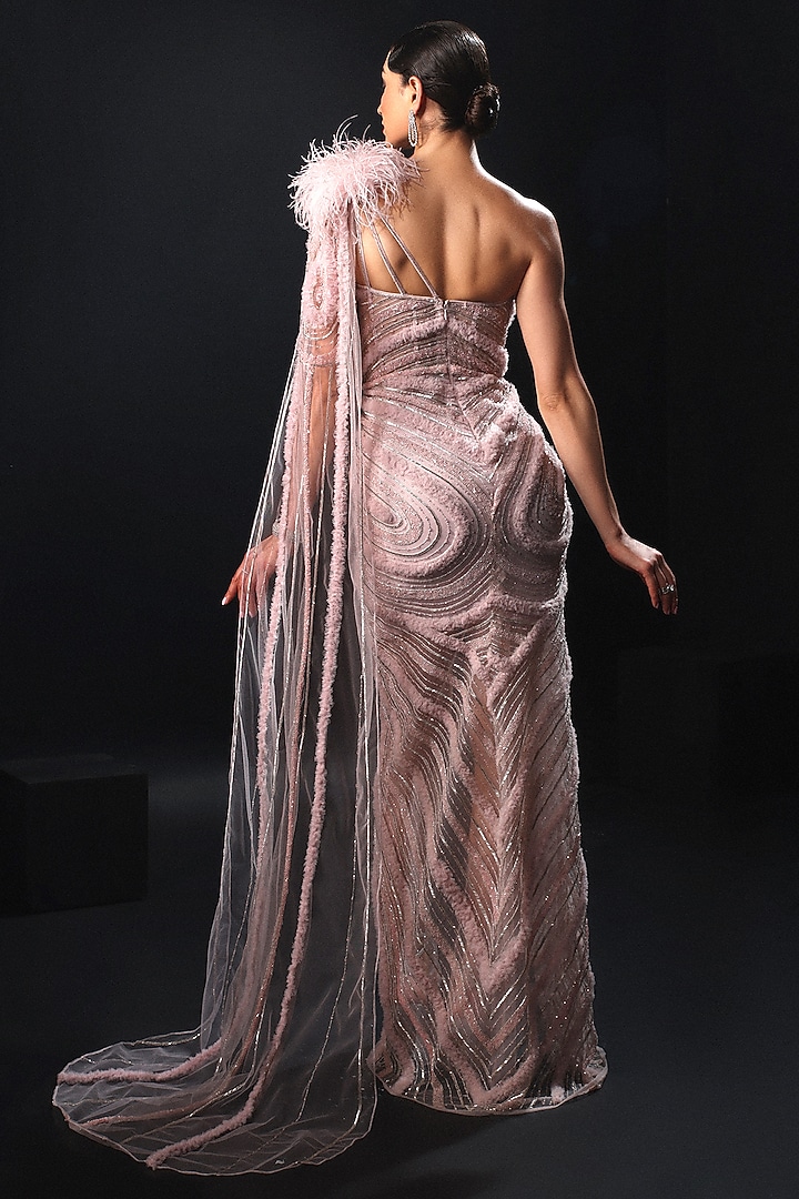 Light Pink Tulle Embroidered One-Shoulder Bridal Gown by AMIT GT at Pernia's Pop Up Shop