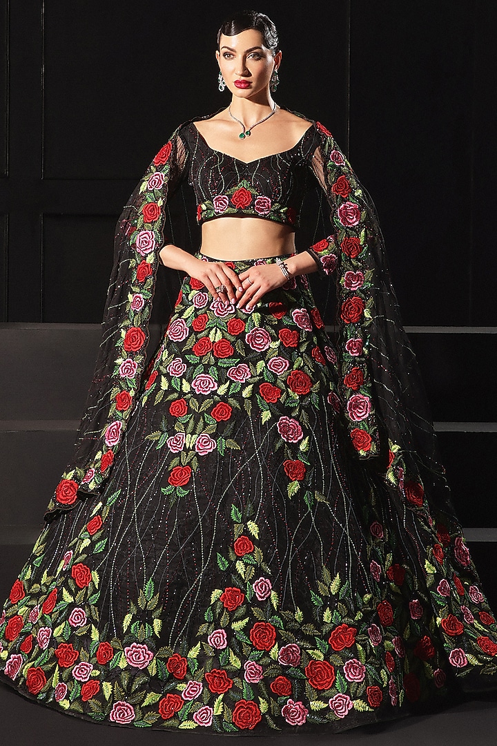 Black Tulle Embroidered Bridal Lehenga Set by AMIT GT at Pernia's Pop Up Shop