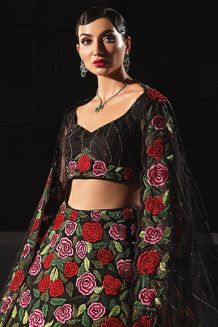 Black Tulle Embroidered Bridal Lehenga Set by AMIT GT at Pernia's Pop Up Shop