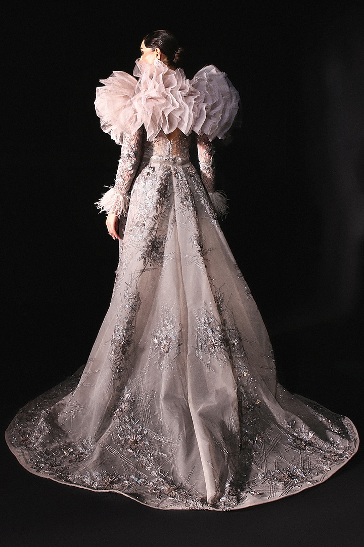 Grey Tulle Embroidered Bridal Gown WIth Cape by AMIT GT at Pernia's Pop Up Shop
