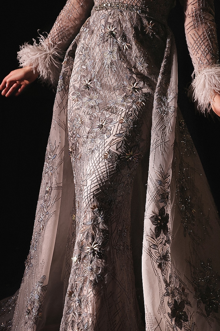 Grey Tulle Embroidered Bridal Gown WIth Cape by AMIT GT at Pernia's Pop Up Shop