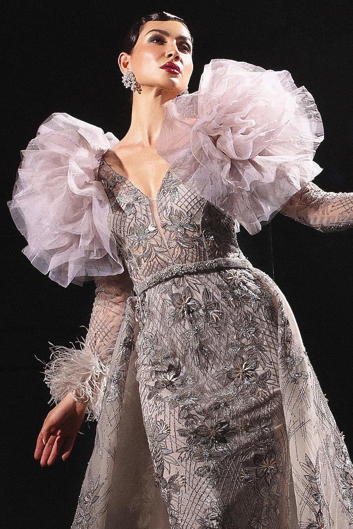 Grey Tulle Embroidered Bridal Gown WIth Cape by AMIT GT at Pernia's Pop Up Shop