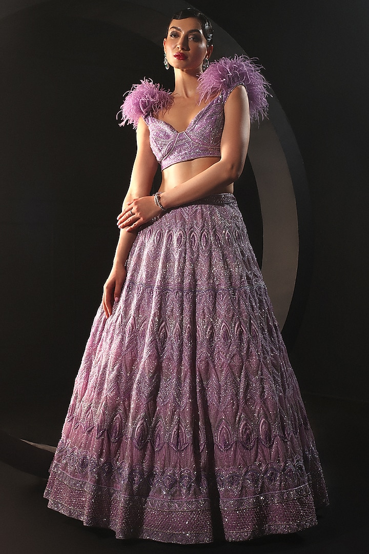 Lilac Tulle Embroidered Lehenga Set by AMIT GT