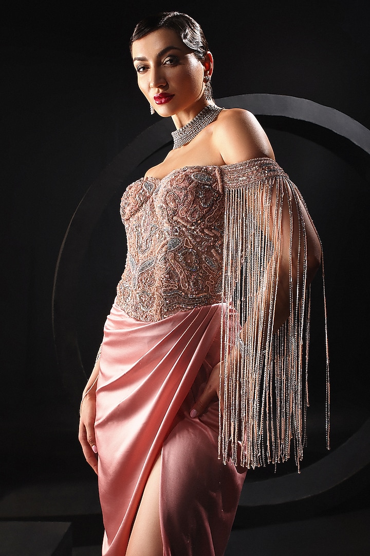 Peach Satin & Tulle Embroidered Draped Wedding Gown by AMIT GT at Pernia's Pop Up Shop