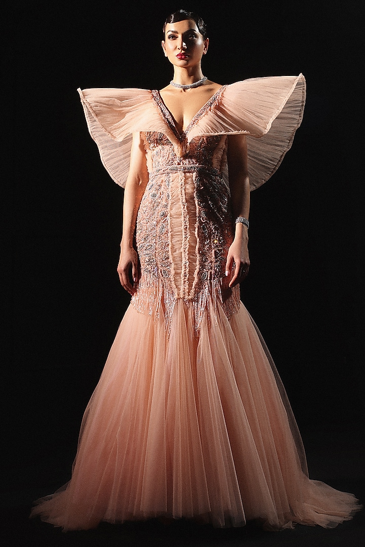 Peach Tulle Embroidered Gown by AMIT GT