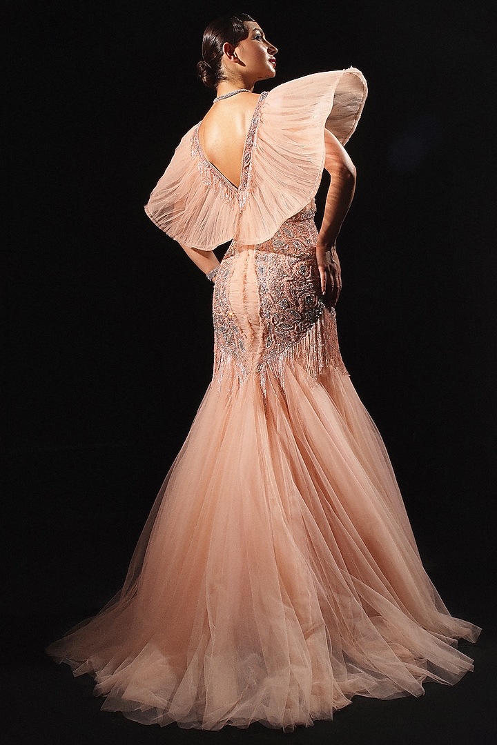 Peach Tulle Embroidered Wedding Gown by AMIT GT at Pernia's Pop Up Shop