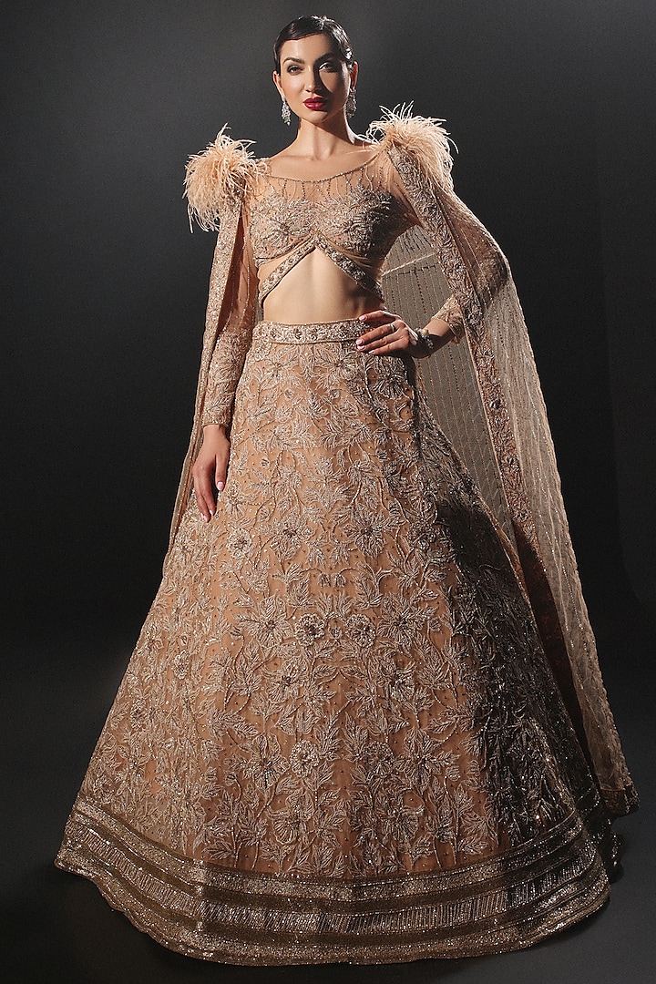 Gold Tulle Embroidered Lehenga Set by AMIT GT