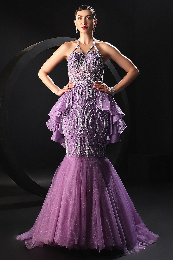 Lilac Tulle Embroidered Gown by AMIT GT