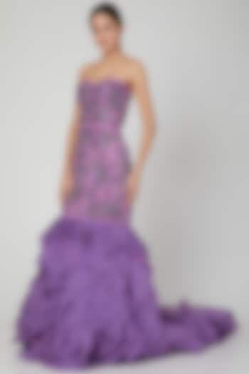 Lilac Appliques Embroidered Gown by AMIT GT
