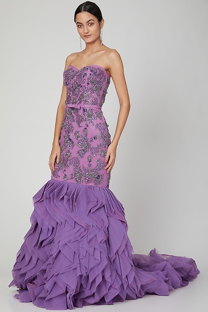 Lilac Appliques Embroidered Gown by AMIT GT