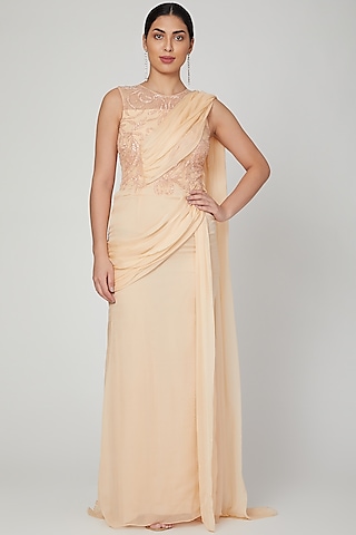 Peach Embroidered Saree Gown by AMIT GT