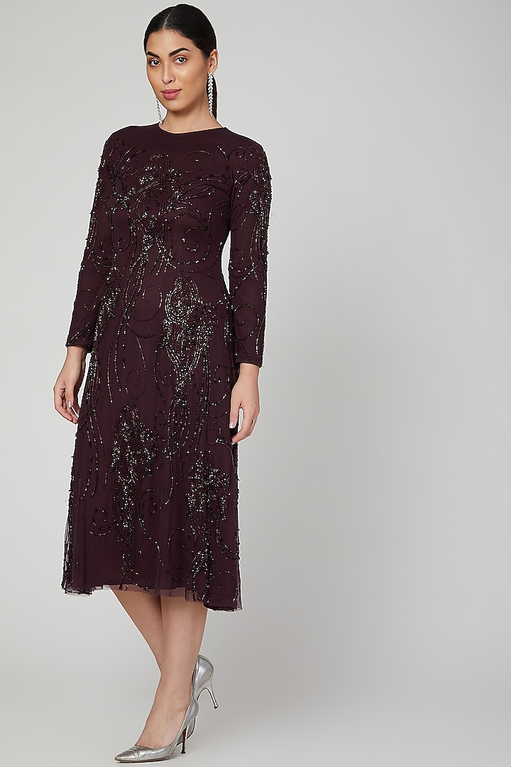 Maroon Sequins Embroidered Dress by AMIT GT at Pernia's Pop Up Shop