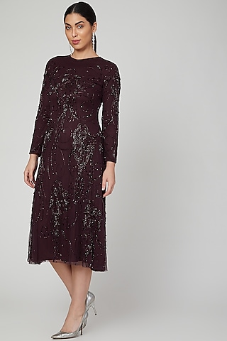 Maroon Sequins Embroidered Dress by AMIT GT