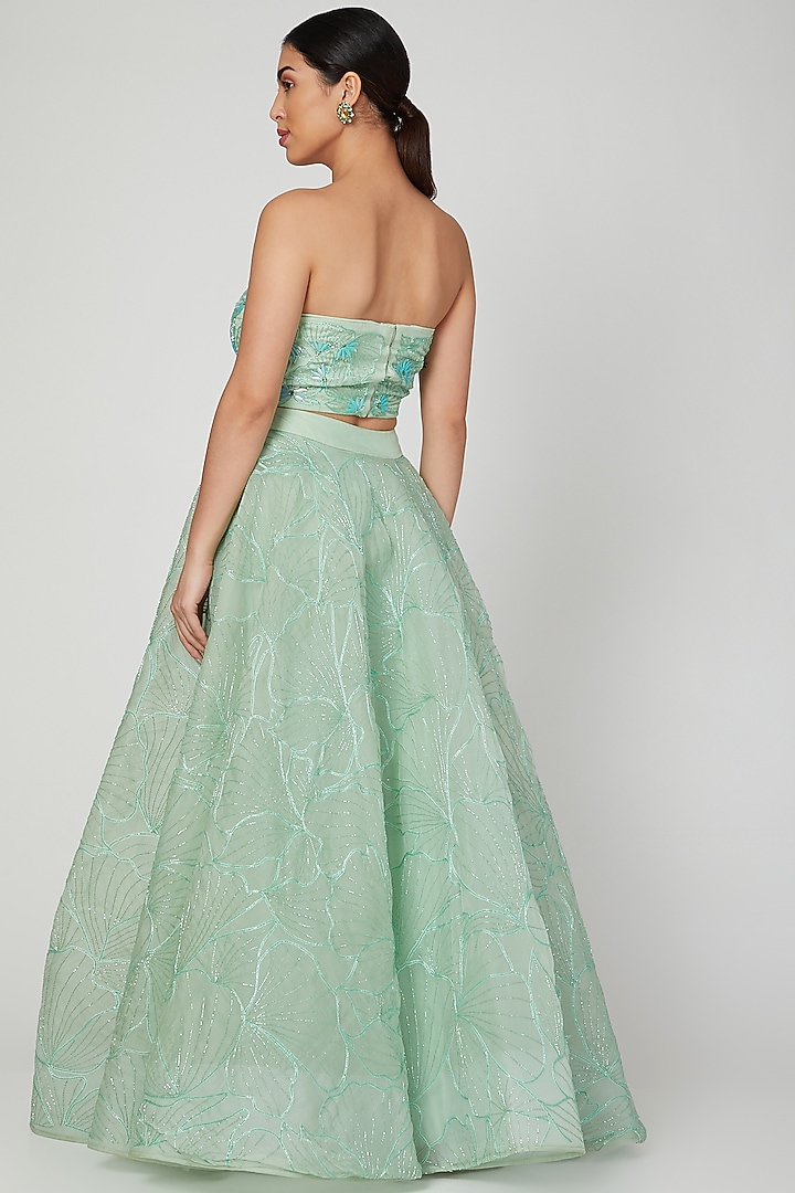 Mint Green Tulle Sequins Embroidered Wedding Lehenga Set by AMIT GT at Pernia's Pop Up Shop