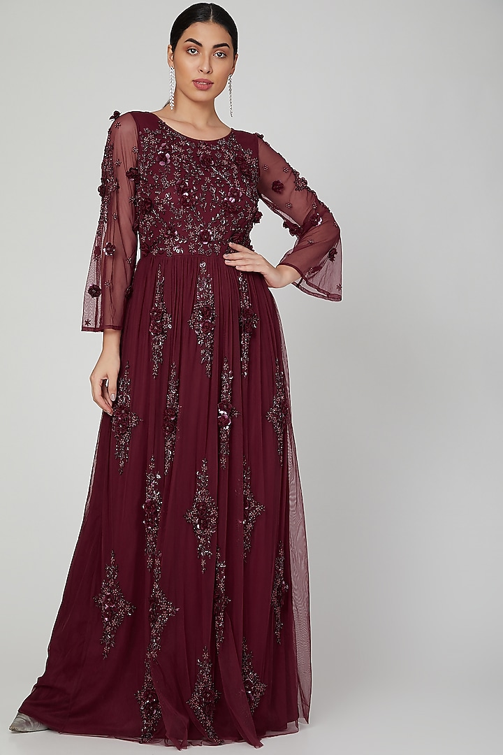 Red Sequins Embroidered Gown by AMIT GT