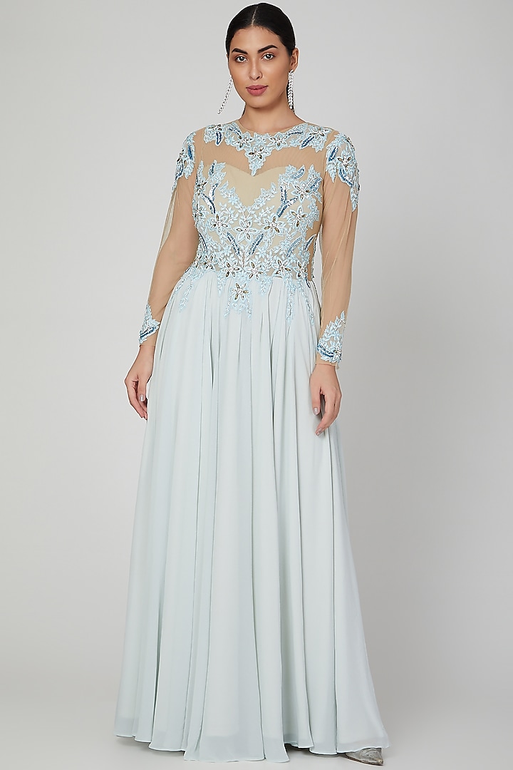 Mint Green Embroidered Gown by AMIT GT