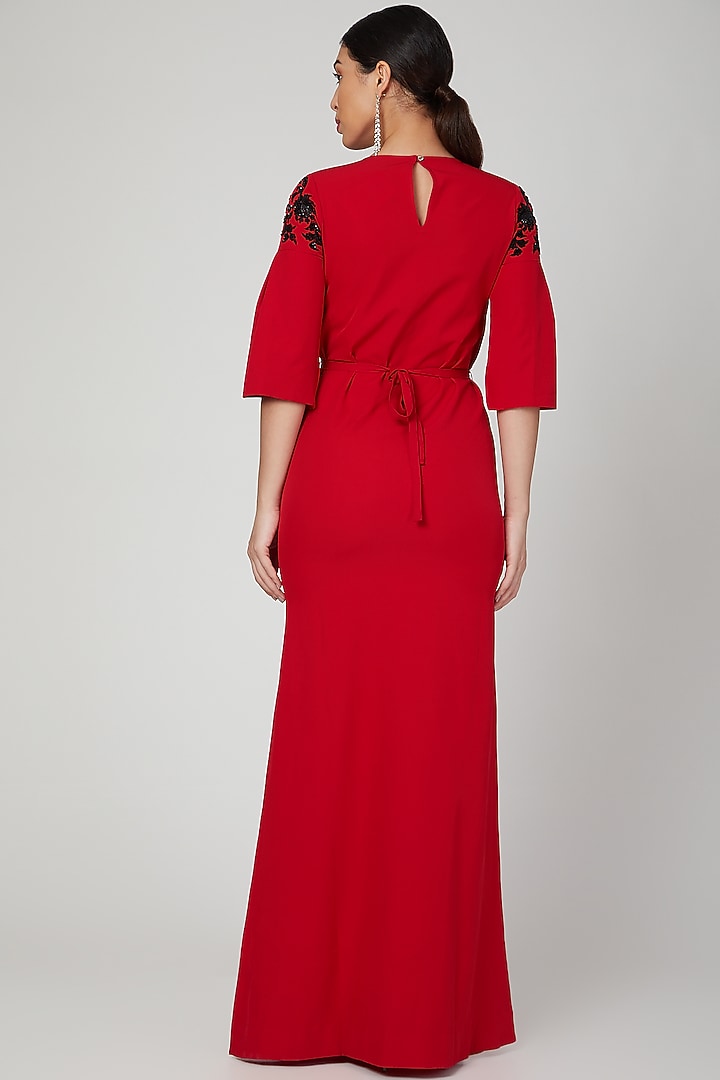 Red Sequins Rose Embroidered Vacation Dress by AMIT GT at Pernia's Pop Up Shop