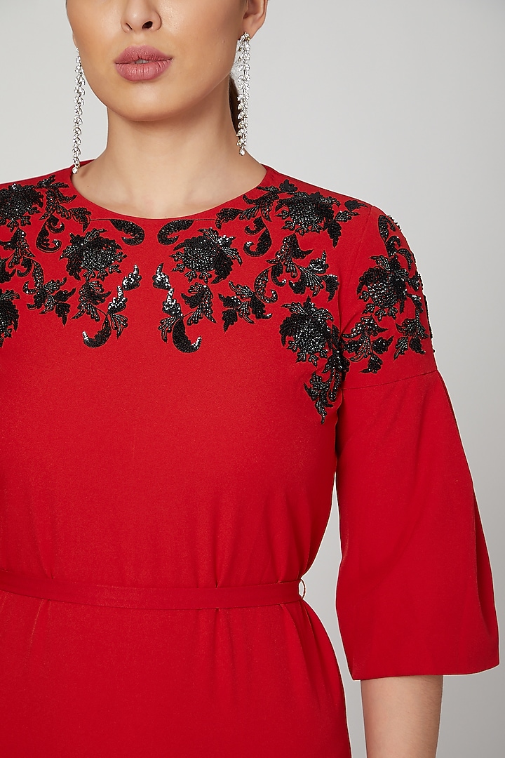 Red Sequins Rose Embroidered Vacation Dress by AMIT GT at Pernia's Pop Up Shop