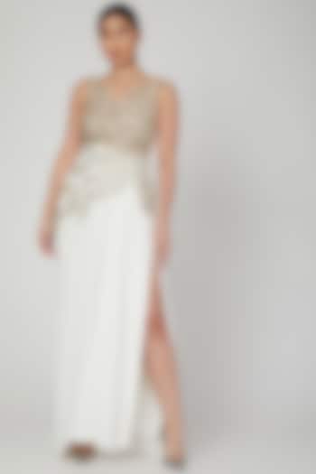 White Embroidered Gown With Slit by AMIT GT