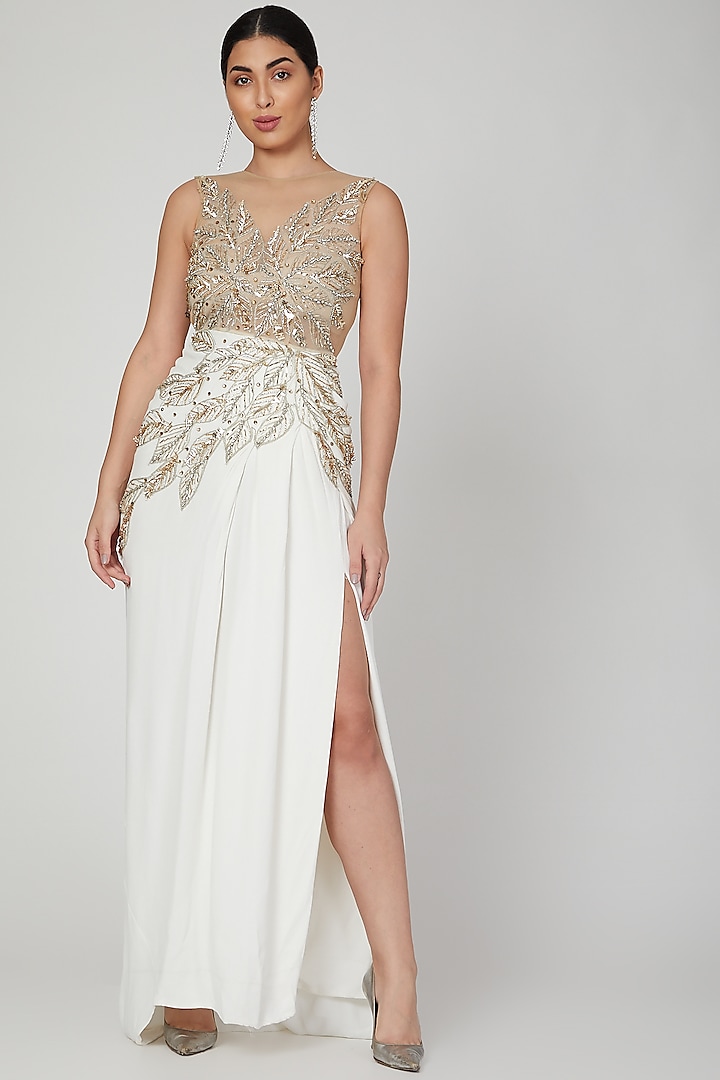 White Embroidered Gown With Slit by AMIT GT