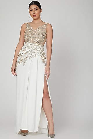 White Embroidered Gown With Slit by AMIT GT