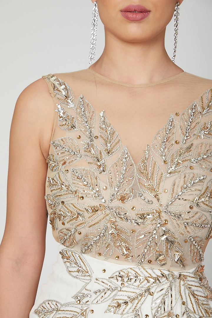 White Embroidered Engagement Gown With Slit by AMIT GT at Pernia's Pop Up Shop