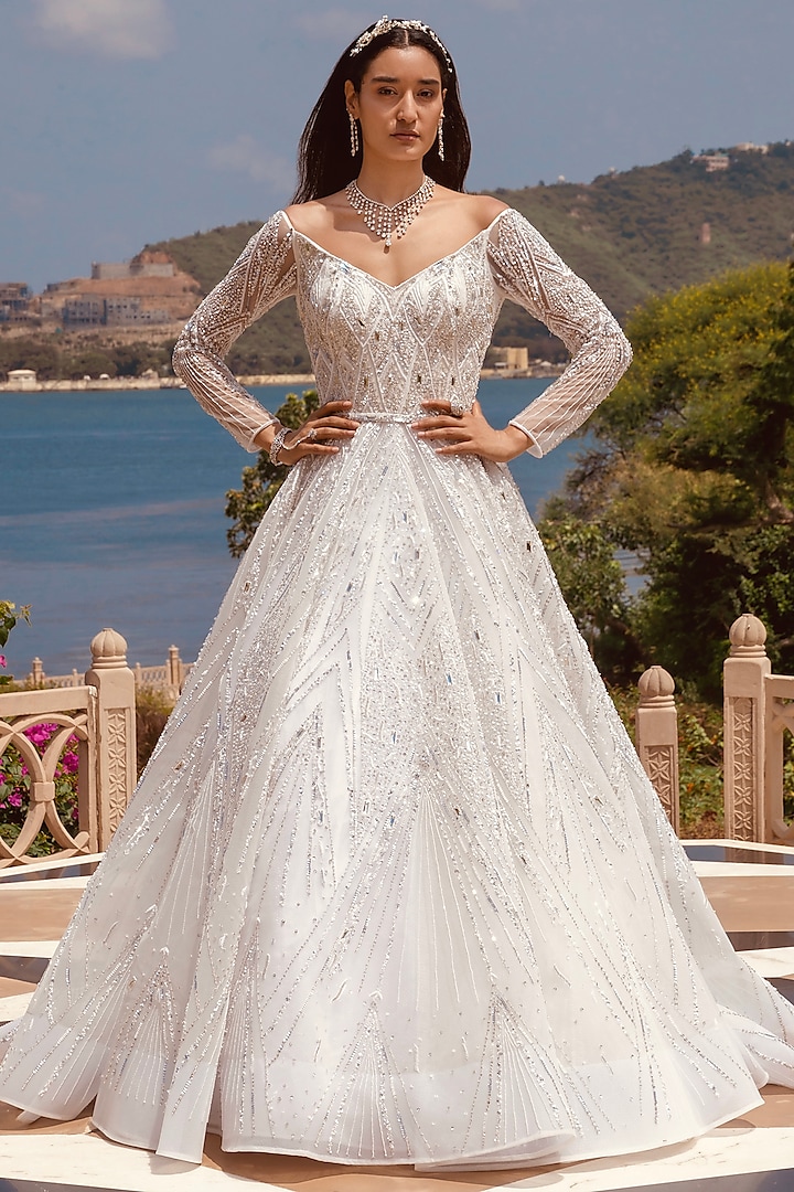 White Embroidered Circular Ball Gown by AMIT GT