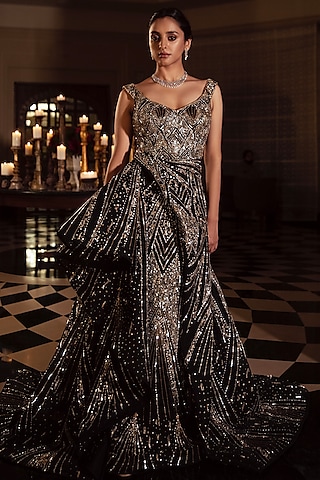 Black Embroidered Wrap-Around Pillar Gown by AMIT GT