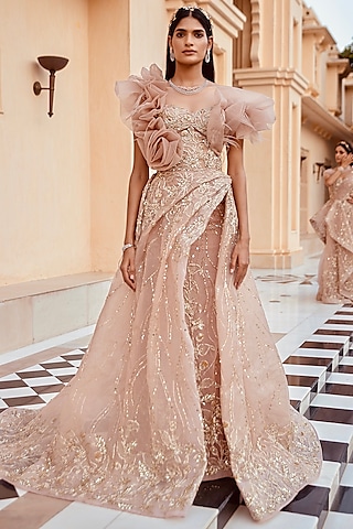 Rose Quartz Embroidered Wrap-Around Pillar Gown by AMIT GT