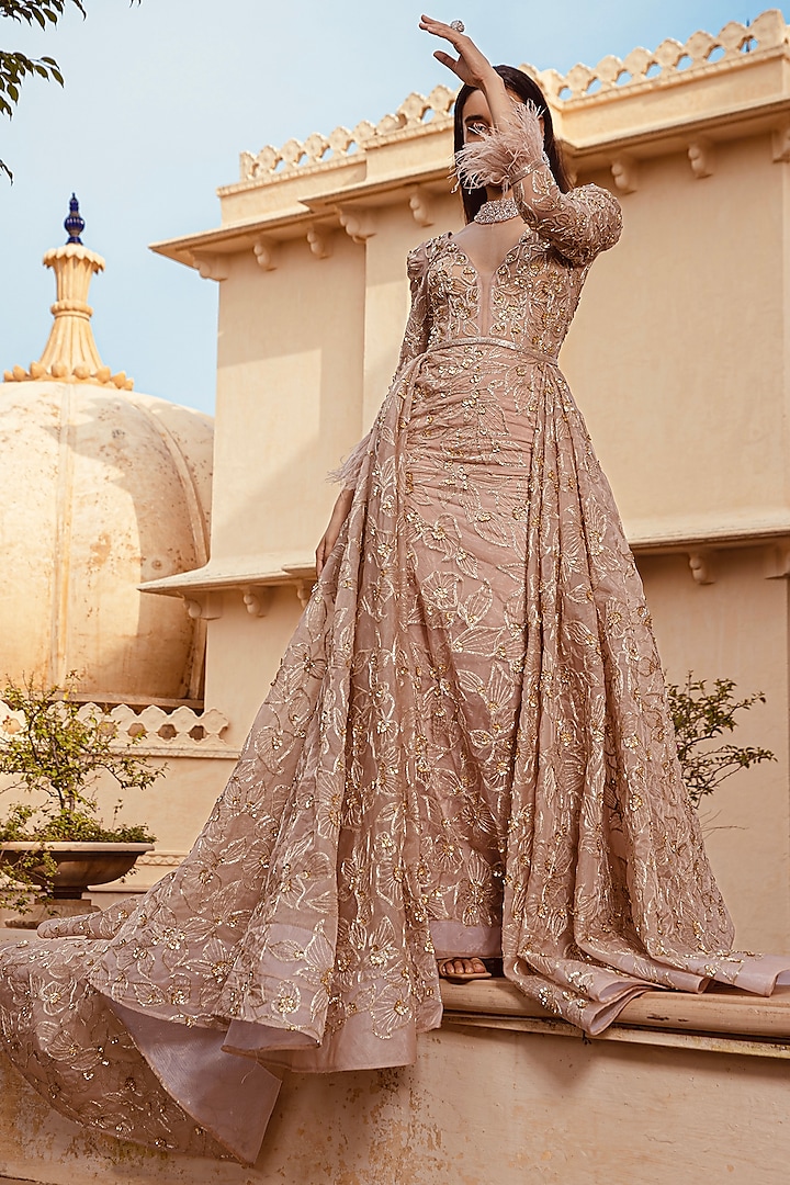 Rose Quartz Embroidered Wrap-Around Gown by AMIT GT