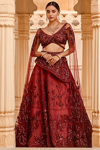 Cranberry Motifs Embroidered Lehenga Set by AMIT GT
